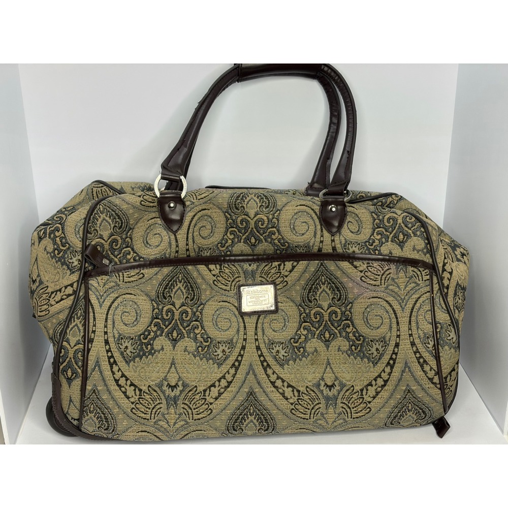 Liz Claiborne Rolling Duffle Bag Tapestry Paisley Tan Gold Travel Carry On Wheel
